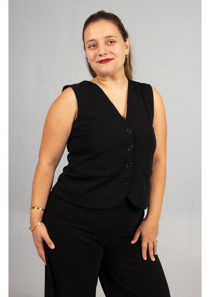 Büyük Beden Siyah Likralı Krep Kolsuz Yelek indirimleri