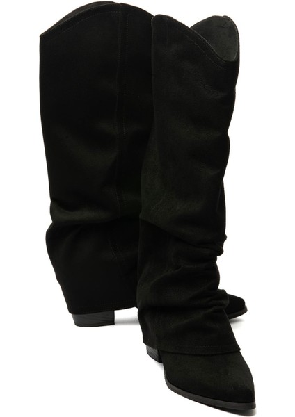 Kadın Süet Çizme Körüklü Çekme Western Siyah Merina