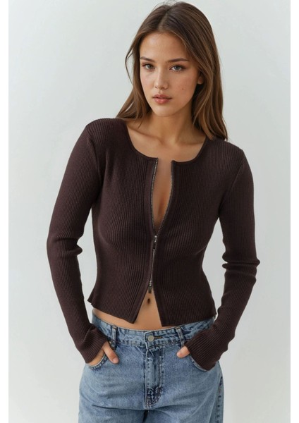 Kadın Sabrina Fermuarlı Kazak Mocha Kahvesi