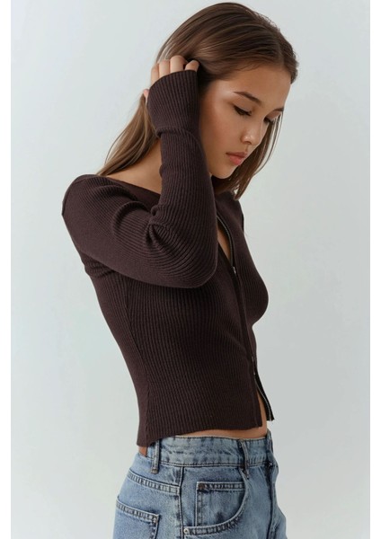 Kadın Sabrina Fermuarlı Kazak Mocha Kahvesi