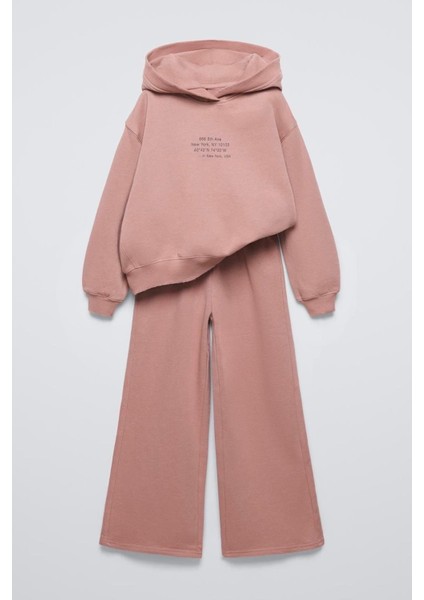 Kız Çocuk Kapüşonlu Baskılı 3 Iplik Pamuklu Kumaş Alt Üst Takım