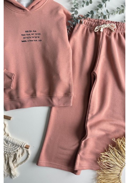 Kız Çocuk Kapüşonlu Baskılı 3 Iplik Pamuklu Kumaş Alt Üst Takım modelleri