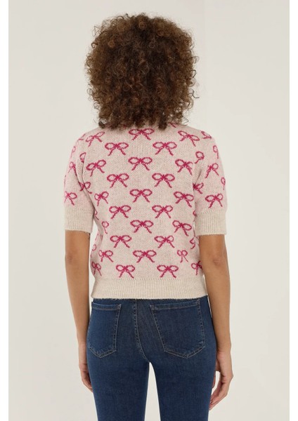 Kadın Fiyonk Desenli Kısa Kollu Triko Kazak Neon Pembe