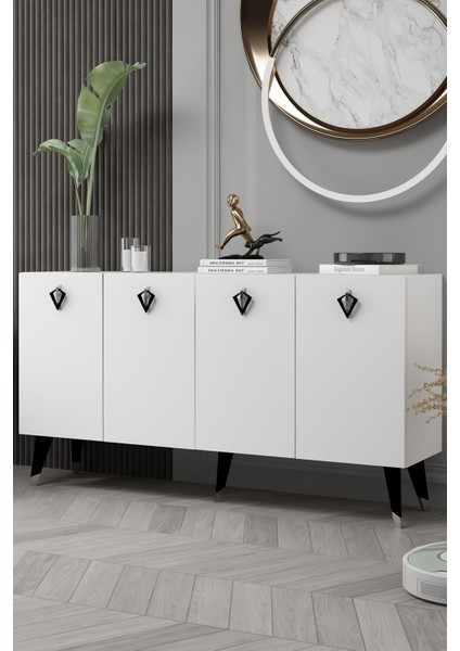 8208-32CT KB150 Konsol, Tv Ünitesi Beyaz-Gümüş-Siyah