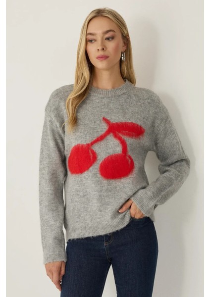 Kadın Relaxed Fit Cherry Desenli Triko Kazak Gri