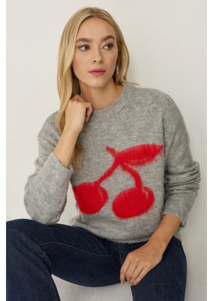 Kadın Relaxed Fit Cherry Desenli Triko Kazak Gri