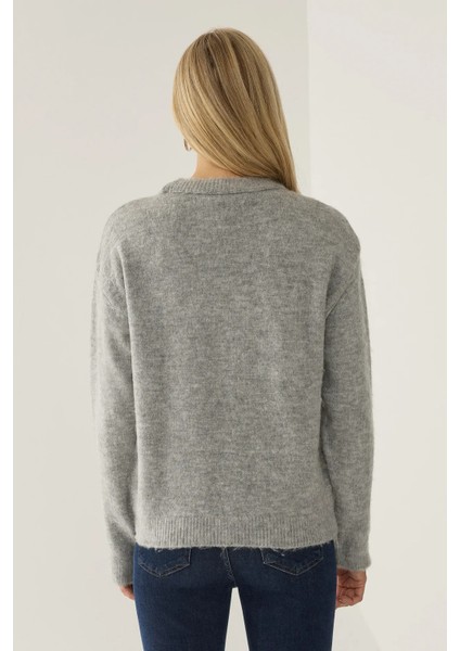 Kadın Relaxed Fit Cherry Desenli Triko Kazak Gri