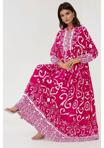 Kadın Baskılı Uzun Kol Viskon Modest Elbise Macenta Pembesi