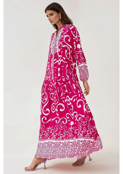 Kadın Baskılı Uzun Kol Viskon Modest Elbise Macenta Pembesi