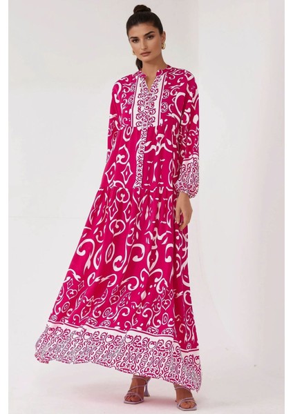 Kadın Baskılı Uzun Kol Viskon Modest Elbise Macenta Pembesi