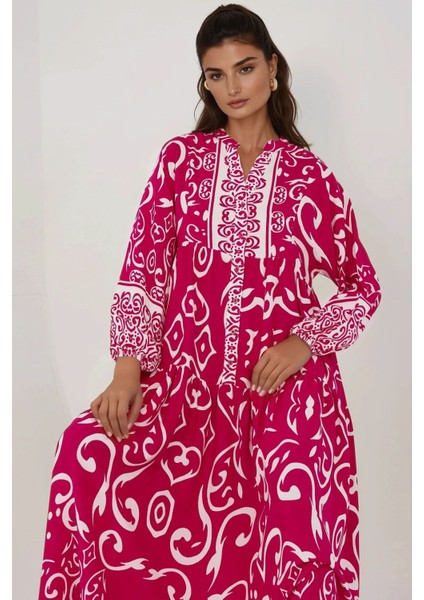 Kadın Baskılı Uzun Kol Viskon Modest Elbise Macenta Pembesi
