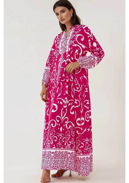 Kadın Baskılı Uzun Kol Viskon Modest Elbise Macenta Pembesi