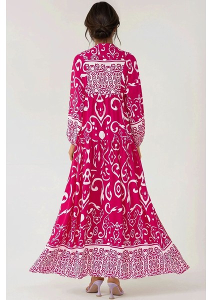 Kadın Baskılı Uzun Kol Viskon Modest Elbise Macenta Pembesi