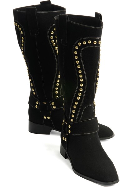 Kadın Süet Çizme Gold Zımba Detaylı Siyah Eldora