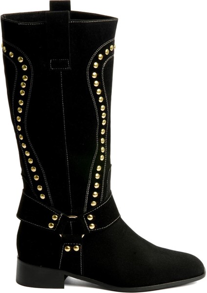 Kadın Süet Çizme Gold Zımba Detaylı Siyah Eldora modelleri