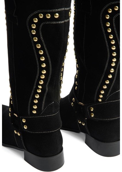 Kadın Süet Çizme Gold Zımba Detaylı Siyah Eldora