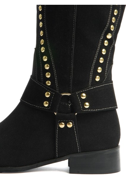 Kadın Süet Çizme Gold Zımba Detaylı Siyah Eldora