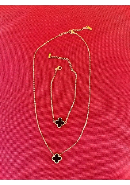 Siyah Yonca Figürlü Çelik Kolye & Bileklik Seti – Paslanmaz Çelik (Kararmaz) fiyatları