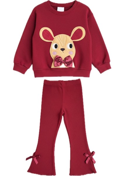 Kız Çocuk Nakış Detaylı 3 Iplik Pamuklu Kumaş Alt Üst Takım