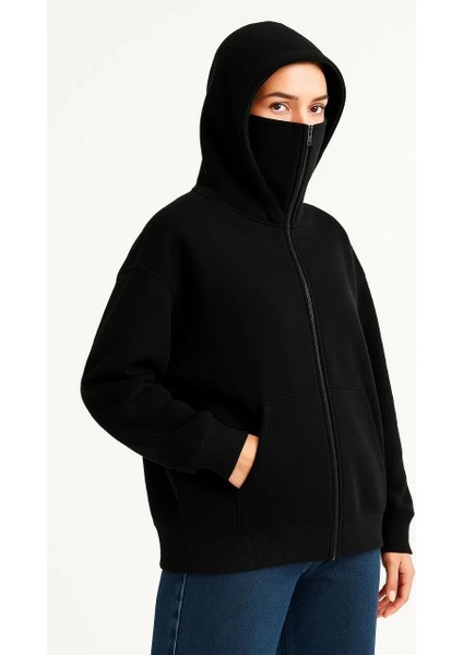 Kadın Samuray Ninja Çift Kapşonlu Zıp Fermuarlı Kanguru Çepli Hoodie Maske Detaylı Swetshirt - Siyah