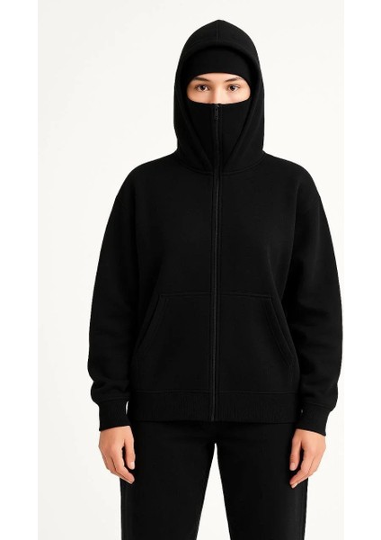 Kadın Samuray Ninja Çift Kapşonlu Zıp Fermuarlı Kanguru Çepli Hoodie Maske Detaylı Swetshirt - Siyah fırsatları