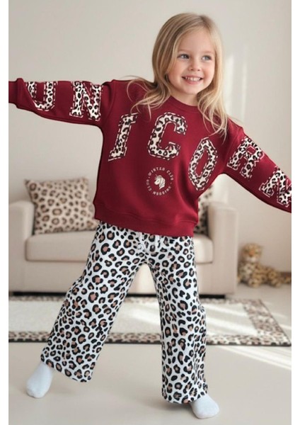 Kız Çocuk Baskılı 3 Iplik Kumaş Leopar Desenli Taytlı Altüst Takım