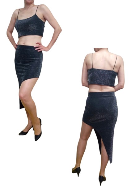 2'li Yüksek Lastikli Bel Midi Etek Askılı Crop Esnek Likralı Simli Takım