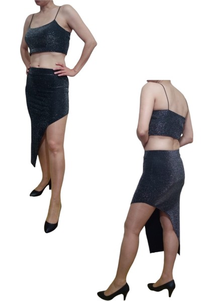 2'li Yüksek Lastikli Bel Midi Etek Askılı Crop Esnek Likralı Simli Takım fiyatları