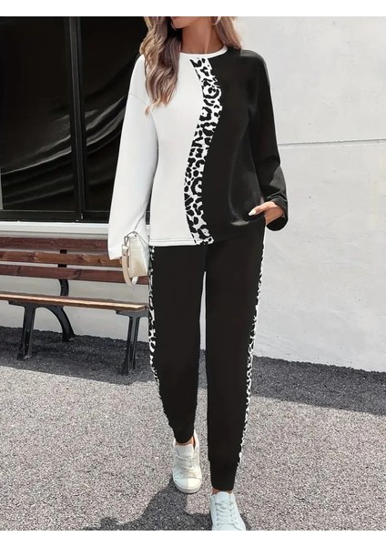 Kadın Uzun Kollu Bisiklet Yaka Çift Renkli Viskon Iki Iplik Bluz ve Pantolon Ikili Takım fiyatları