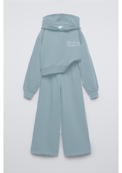 Kız Çocuk Kapüşonlu Baskılı 3 Iplik Pamuklu Kumaş Alt Üst Takım