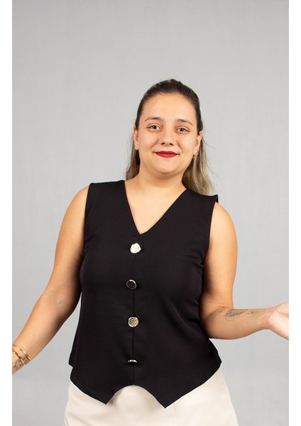 Büyük Beden Siyah Yelek Görünümlü Bluz