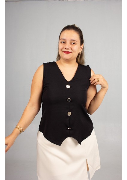 Büyük Beden Siyah Yelek Görünümlü Bluz fiyatları