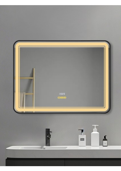 Akıllı Ayna Buğu Çözücülü Hareket Sensörlü 3 LED Işıklı Siyah Çerçeveli Banyo Aynası 80 x 60 cm