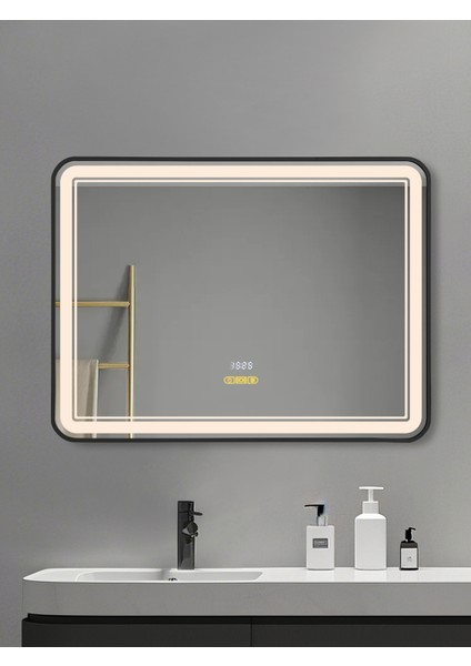 Akıllı Ayna Buğu Çözücülü Hareket Sensörlü 3 LED Işıklı Siyah Çerçeveli Banyo Aynası 80 x 60 cm fiyatları