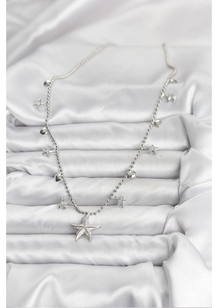 Pirinç Gümüş Renk Zirkon Taşlı Deniz Yıldızı Model Kadın Kolye - TJ-BKO10654 fiyatları