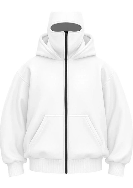 Kadın Samuray Ninja Çift Kapşonlu Zıp Fermuarlı Kanguru Çepli Hoodie Maske Detaylı Swetshirt - Beyaz fiyatları