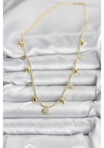 Pirinç Gold Renk Zirkon Taşlı Deniz Kabuğu Model Kadın Kolye - TJ-BKO10646 fiyatları