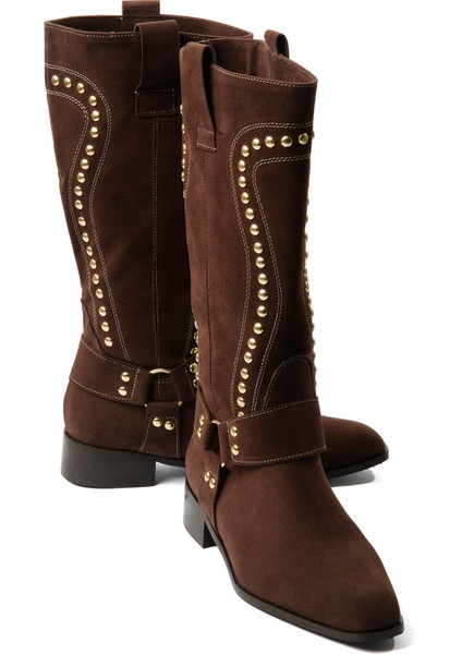 Kadın Süet Çizme Gold Zımba Detaylı Kahverengi Eldora