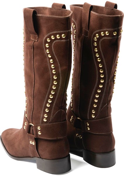 Kadın Süet Çizme Gold Zımba Detaylı Kahverengi Eldora modelleri