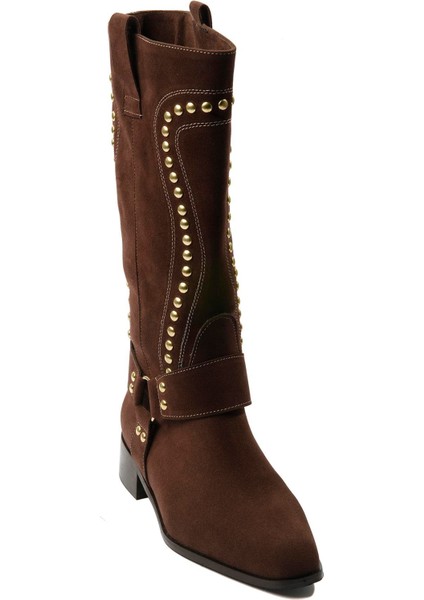 Kadın Süet Çizme Gold Zımba Detaylı Kahverengi Eldora fırsatları