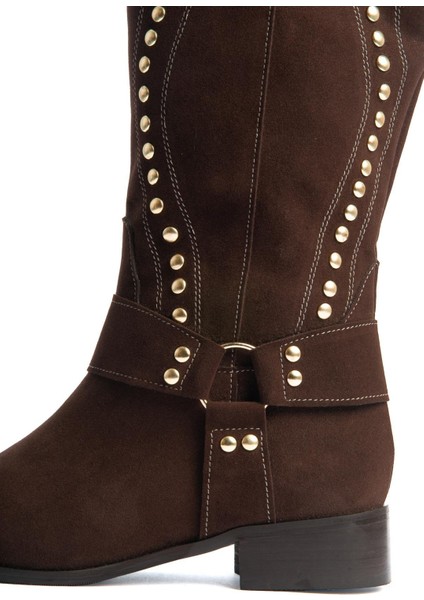 Kadın Süet Çizme Gold Zımba Detaylı Kahverengi Eldora indirimleri