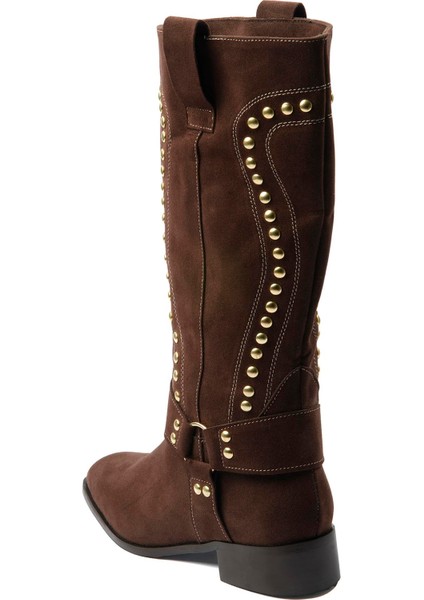 Kadın Süet Çizme Gold Zımba Detaylı Kahverengi Eldora