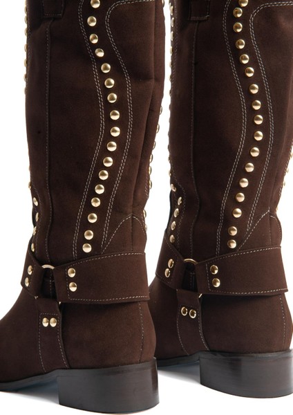 Kadın Süet Çizme Gold Zımba Detaylı Kahverengi Eldora