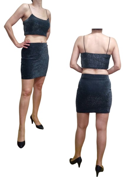 2'li Yüksek Bel Lastikli Mini Etek Askılı Crop Esnek Likralı Simli Takım