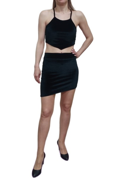 2'li Siyah Düz Kadife Yüksek Bel Asimetrik Kesim Mini Etek Çapraz Askılı Crop