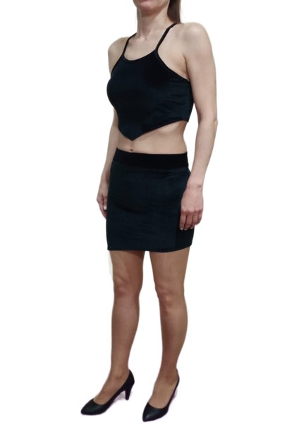2'li Siyah Düz Kadife Yüksek Bel Asimetrik Kesim Mini Etek Çapraz Askılı Crop fiyatları