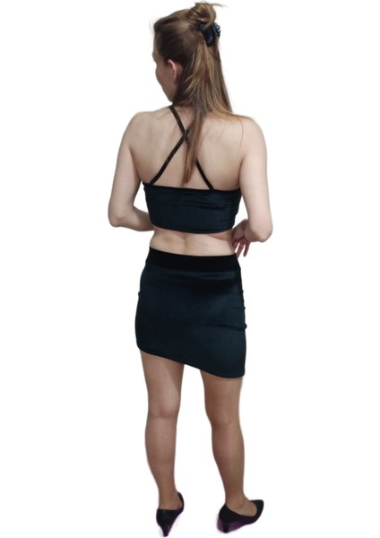 2'li Siyah Düz Kadife Yüksek Bel Asimetrik Kesim Mini Etek Çapraz Askılı Crop modelleri