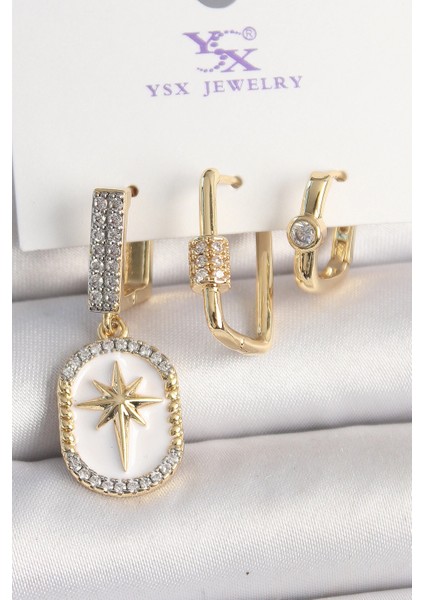 Pirinç Gold Renk Sallantı Zirkon Taş İşlmeli Yıldız Portre Model 3'Lü Kadın Kombin Küpe - TJ-BKP10452
