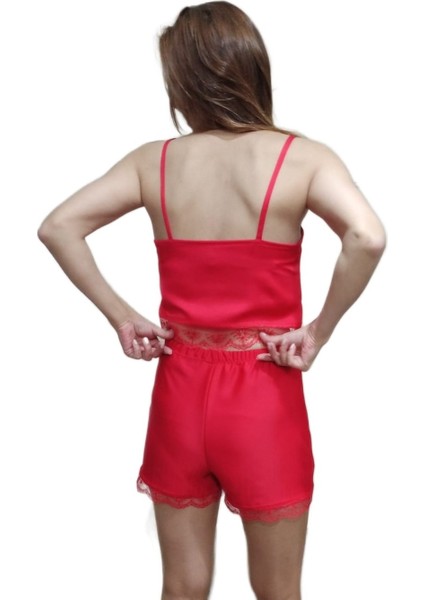 Kadın Saten Kırmızı Şortlu Gecelik Takımı Pijama 2'li Takım fiyatları