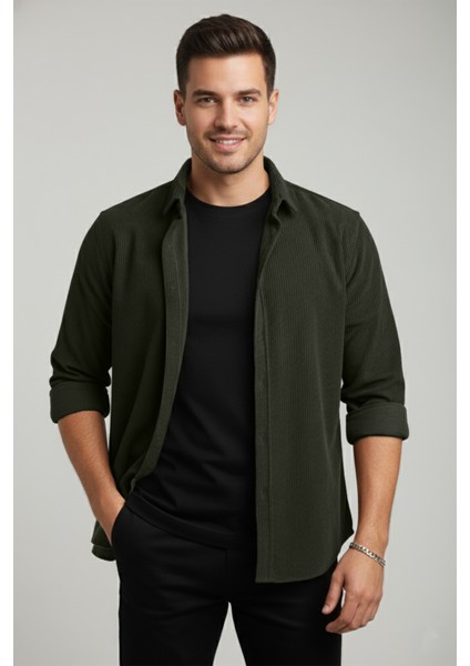 Erkek Yeşil Kadife Fitilli Rahat Kesim Gömlek Yumuşak Dokulu Likralı Kadife Gömlek 2600758